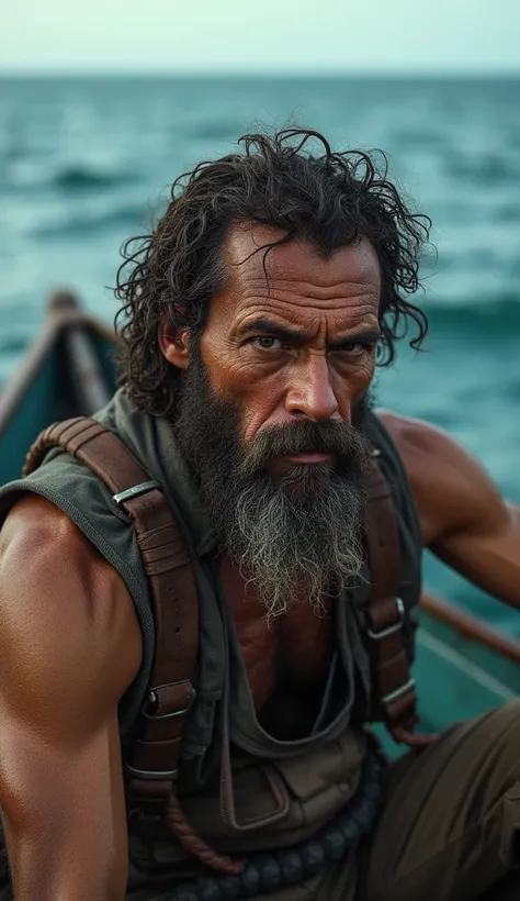 Close-up of a man with sunburned skin, full beard and eyes full of despair, looking at the horizon from his boat in an infinite sea.