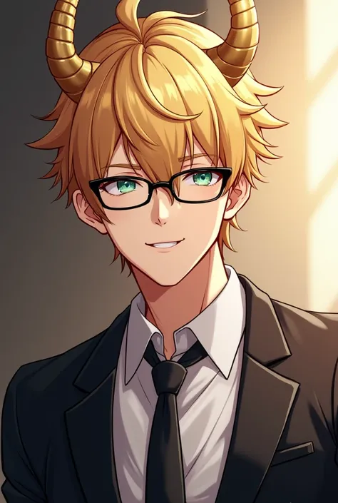 Anime blond man with black glasses and with gold horns and with a tie shirt and handsome and with an elegant black jacket and that he is a man and that he is smiling and greeting and handsome and that he is thinking of something curious 