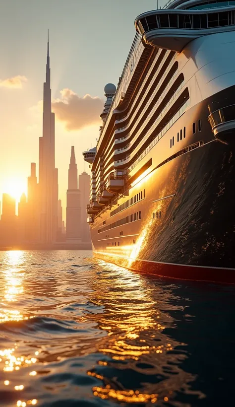 A stunning close-up of a luxurious cruise ship, showcasing its grandeur and elegance. The backdrop features the iconic skyline of Dubai, with its towering skyscrapers and modern architecture. The scene exudes a sense of opulence, with the shimmering sea re...