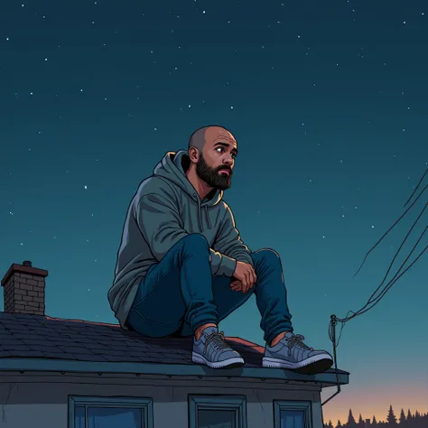 cartoon drawing of a man with shaved hair and a beard sitting on top of a building listening to music, wearing jeans and a hooded sweatshirt and looking down, reflecting on life with a tired look, on a night with a starry sky