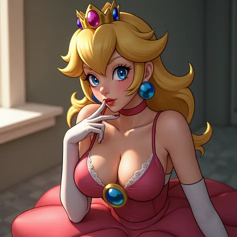 1girl, Princess Peach, floox, masterpiece, best quality, good quality, absurdres, newest, medium breasts, cleavage, mini skirt, seductive face, bend over towards camera, finger on chin,