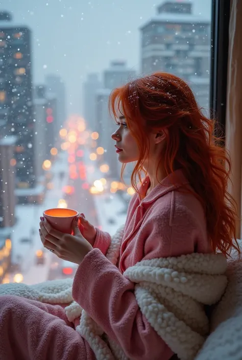 Red-haired woman wrapped in blanket watching snowstorm from high-rise building of city with heavy snowfall drinking tea from a pink cup and wearing red pajamas 8K Ultra HD