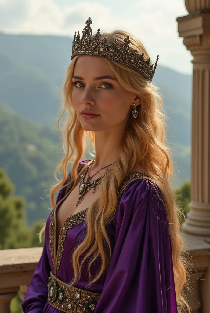 medieval woman, blonde hair, hazel eyes, Macedonian princess, fire yellow hair, the dress she wears is watching the view from the palace, she has a very elegant delicate skin, a calm happy and peaceful woman, she has a royal crown on her head and fancy dia...