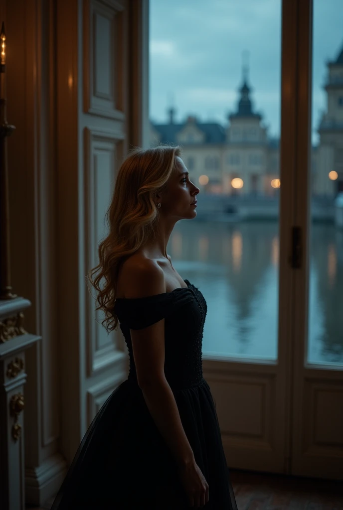 Queen of Sweden, Blonde, Scandinavian Woman, in a black dress, Looks out from her palace into the darkness of the night and cries but cries of happiness, cries tears of joy, looks into the distance and breathes deeply, 8K Ultra HD