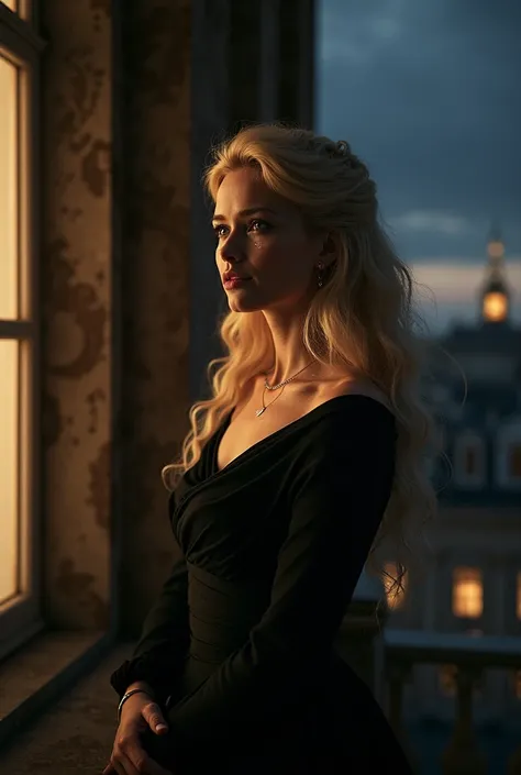 Queen of Sweden, Blonde, Scandinavian Woman, in a black dress, Looks out from her palace into the darkness of the night and cries but cries of happiness, cries tears of joy, looks into the distance and breathes deeply, 8K Ultra HD