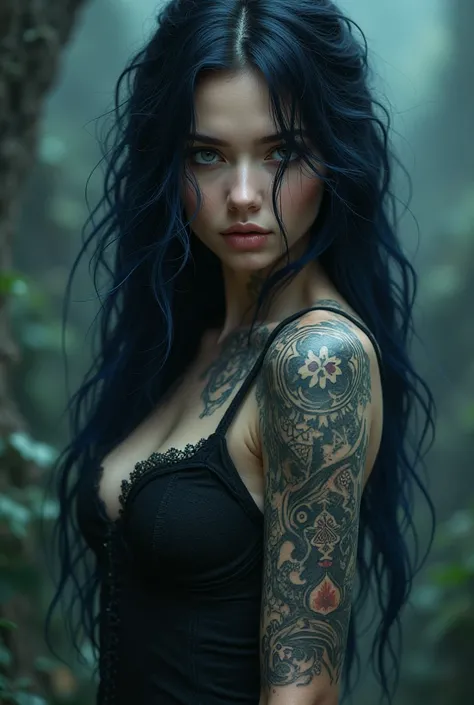 I created a white woman with black hair with blue locks and mystical tattoos on her arm. 