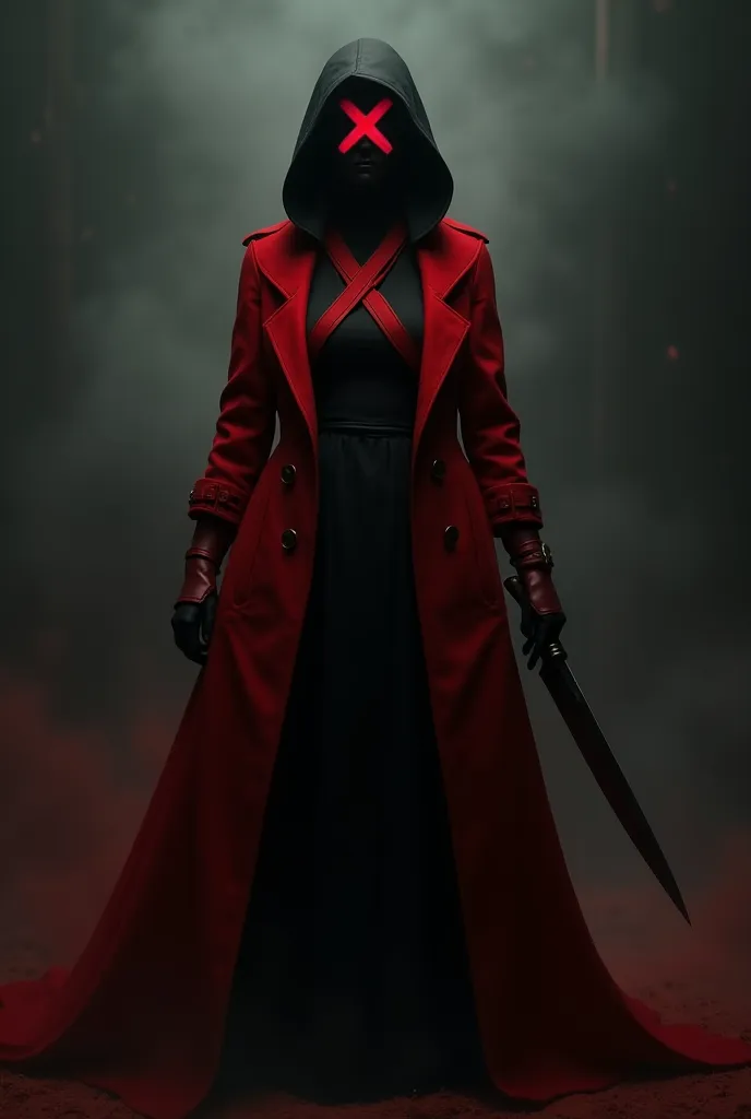 Create a woman with a black mask and with a red x mark on the mask, And that she wears a long red jacket, And with a knife in his hand