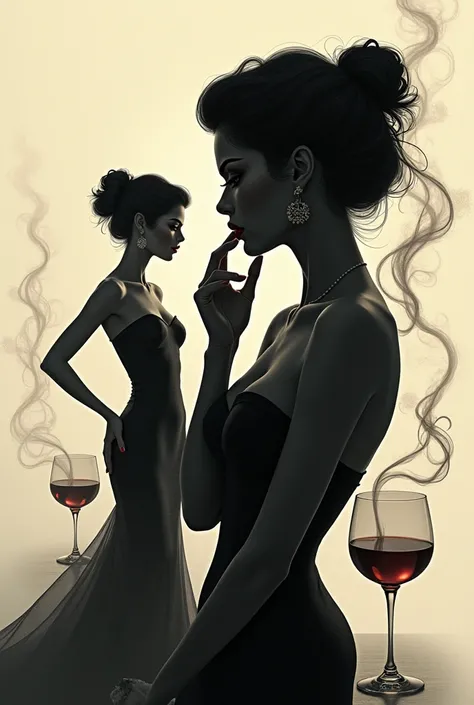 You can combine women's silhouettes in elegant poses, beverage glasses such as wine glasses or whiskey and subtle smoke elements to give a sophisticated or mysterious air.