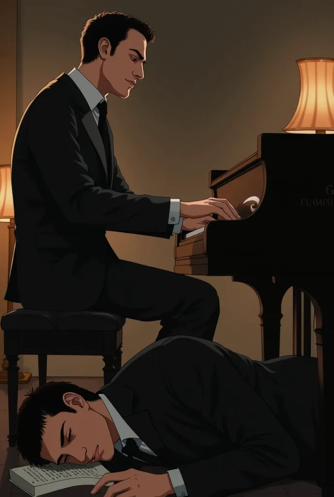 A man playing a piano while another man is sitting on the floor and his head is lying on the back of the piano while reading something 