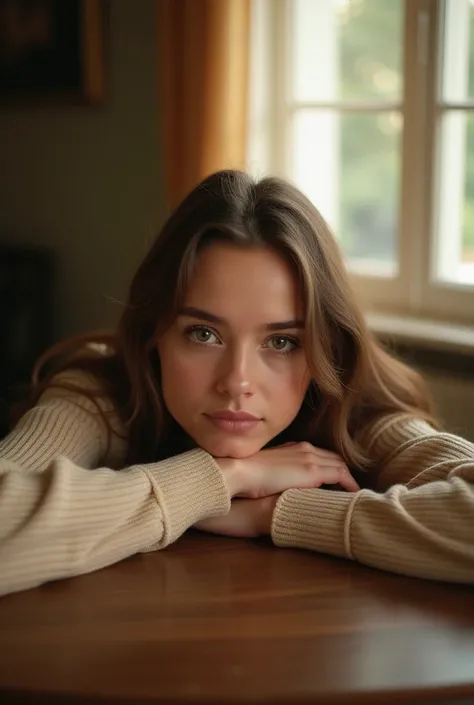 A 30-year-old woman with long, light brown hair resting her head on her folded arms on a wooden table, viewed from the front. She has a serene and thoughtful expression with her eyes open, gazing softly forward. Her hands are fully visible and naturally pl...