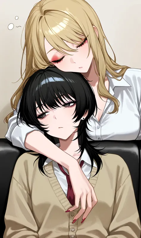 [makeup:1.3], gyaru, implied yuri, cool beauty, 2 women, black hair, wolf cut, long hair, small breast, slender body, sulking, sleepy rest, upper body, school uniform, head on another’s cheek,