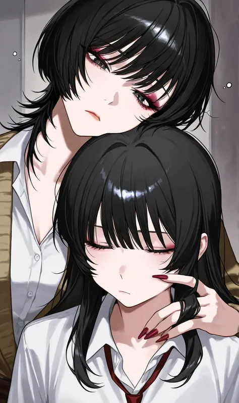 [makeup:1.3], gyaru, implied yuri, cool beauty, 2 women, black hair, wolf cut, long hair, small breast, slender body, sulking, sleepy rest, upper body, school uniform, head on another’s cheek,