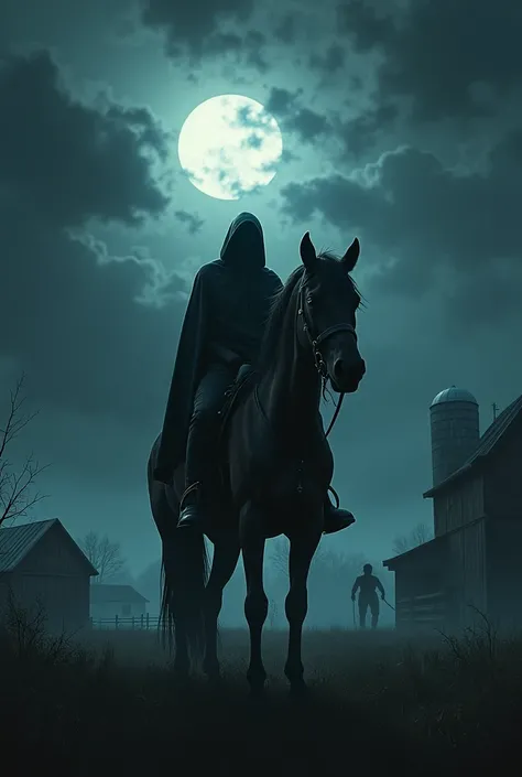 I want an image of a man on top of a horse, On the farm at night. A bit creepy image 