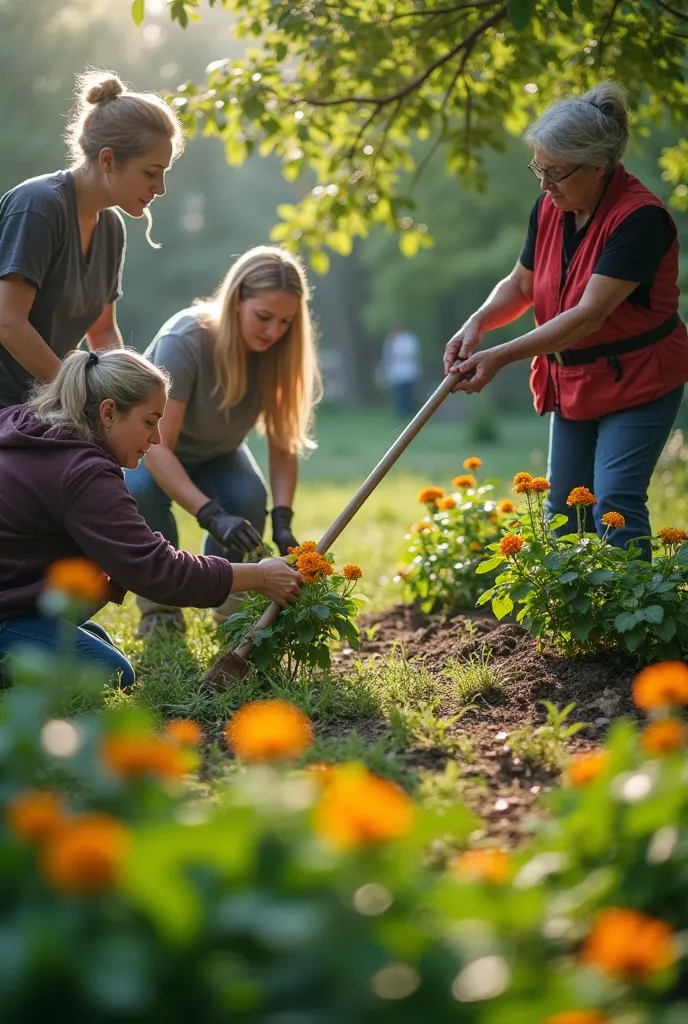 Defining the role of women in society in terms of contributing to improving the environment and guiding others to improve the environment from pollutants. A group of women arranges and cleans a public garden