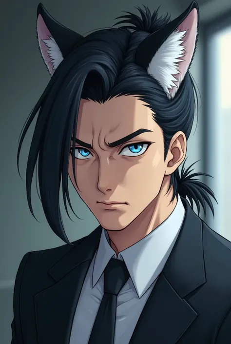 anime: Male man with wolf ears, 40-year-old male serious businessman, of medium long hair tied up, color black with white tuft white tea, eye color sky blue