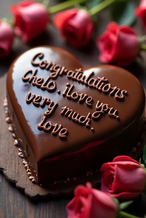 A heart-shaped chocolate cake with the phrase: CONGRATULATIONS CHELO. I LOVE YOU VERY MUCH LOVE 