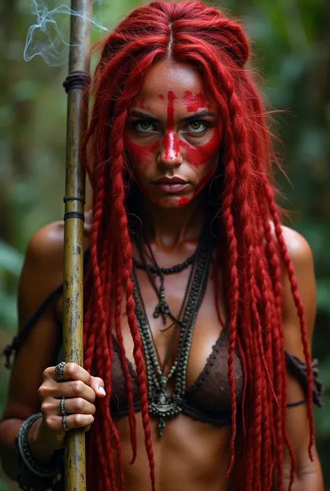  Native American woman , Red Skin
Nervous
Red eyes
Very long hair and red, com dreadlocks,  shredded, Hands holding a bamboo spear
Oiled Skin, A lot of red hair in the arms
sweaty
Forehead view
Front View
Selva, native american,  red skin, new, Smoking a t...