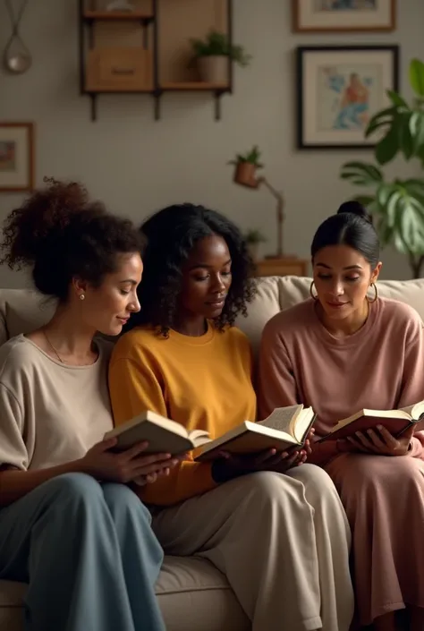 Ola can create an image of several white women , Black and brown women sitting on the living room sofa reading the Bible 