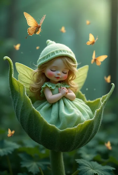 sweet dainty fairy that looks like a  blue belle flower laughing and legs and arms moving tny humming birds fly around 




 








sleeping in a dewy pea pod, all tucked in for slumber, wearing a green leaf skirt and top, butterflies hover above as if i...