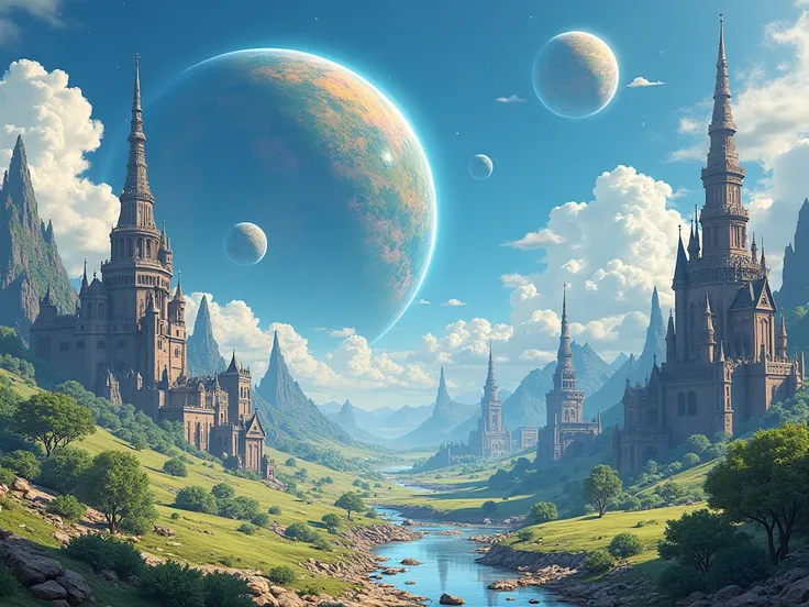 Image of space planet a bit like no other than Earth medieval anime style