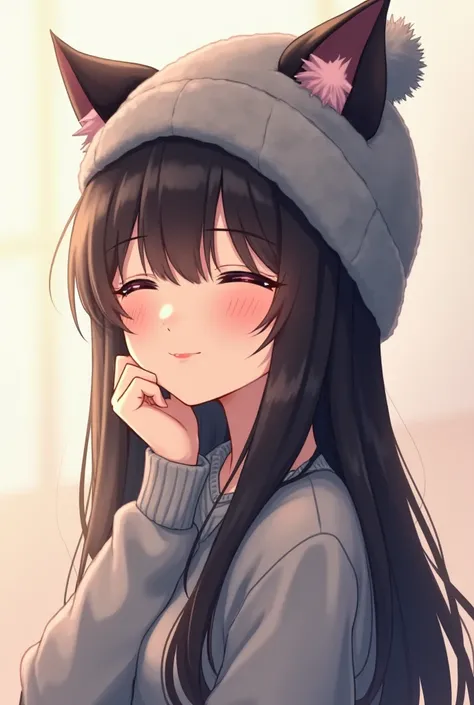 female anime, long dark hair with fringe , dark cat ears,  Eyes Closed,  tender face, sweet smile,  gray wool hat , Grey sweater , cute pose for profile picture 