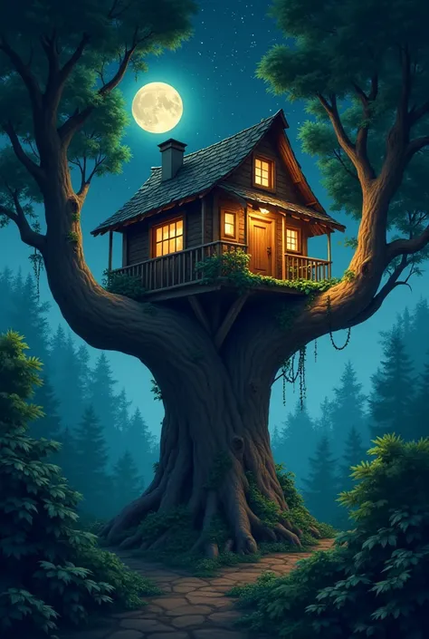 A wooden hut on the tallest tree in the forest, dense forest, night view, with stars and moon