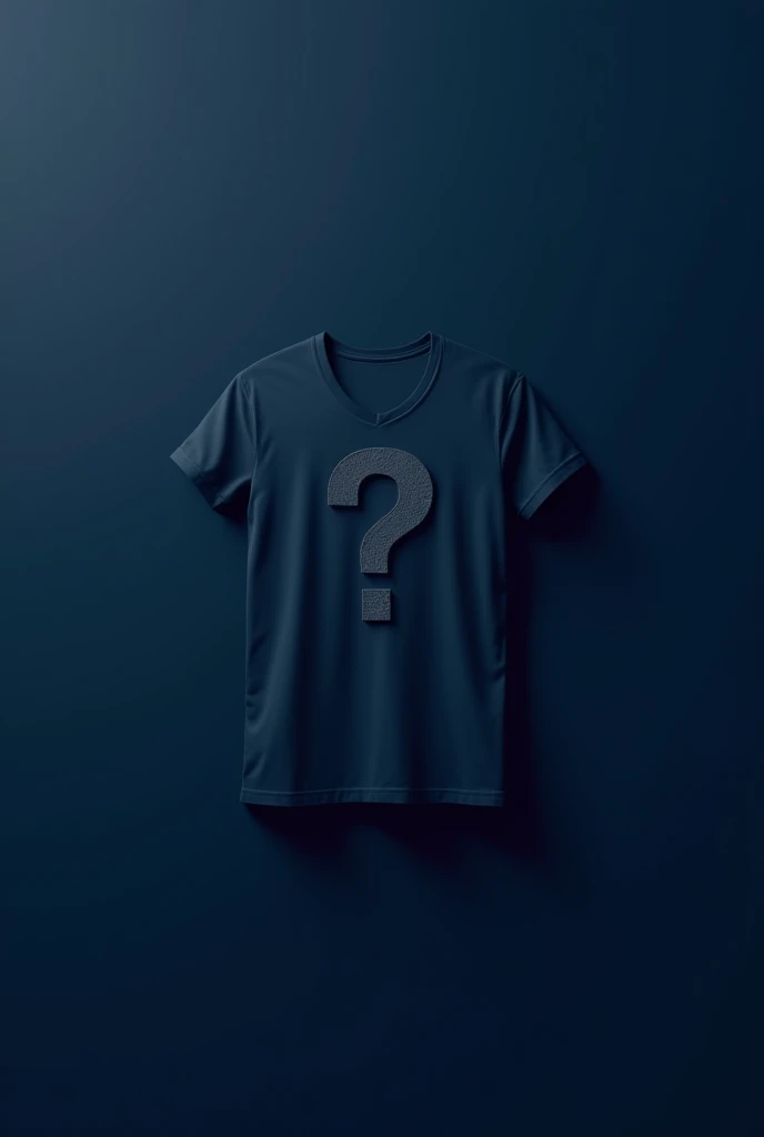 Create a flyer with a matte navy blue background, And in the middle the figure of a t-shirt without, details but with a question mark in the middle of a matte gray color