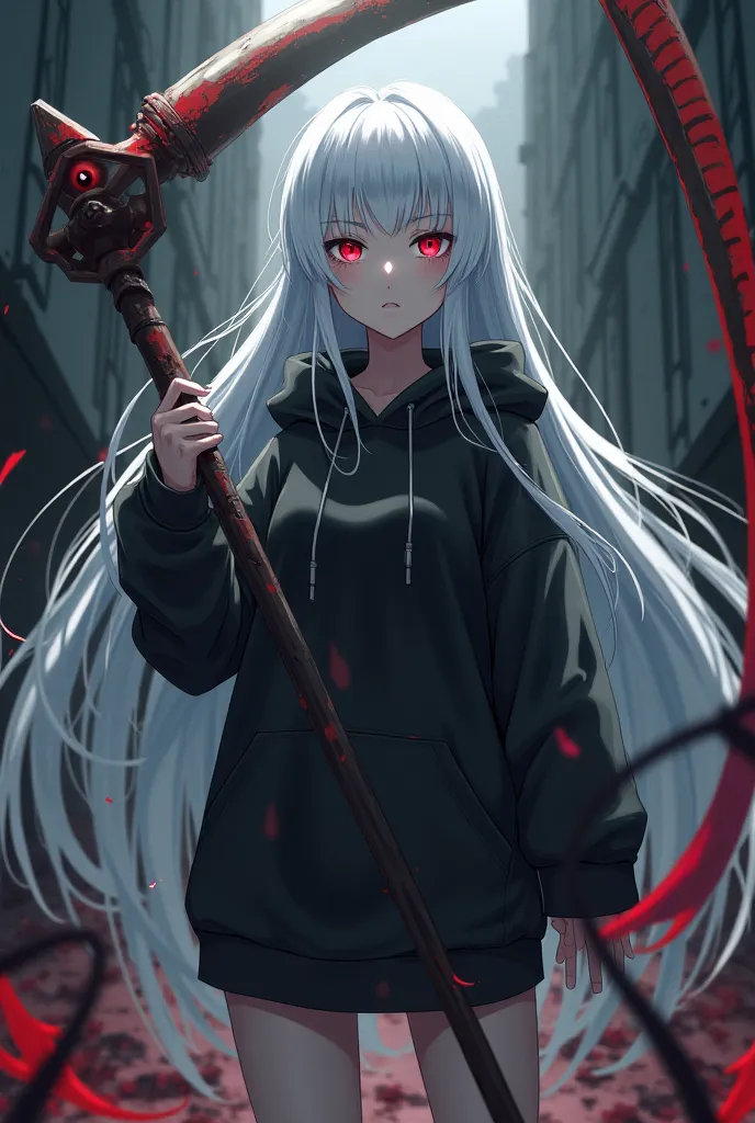  anime girl, a scythe user, long white hair, red emotionless eyes, no emotion, wears a black hoodie, a pile of dead curses behind her, in an abandoned city