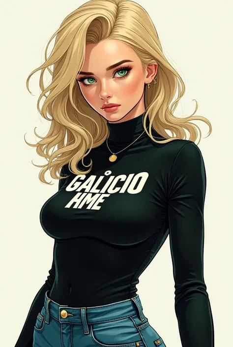 Character blonde woman with green eyes and a black turtleneck shirt with a Galician name in capital letters in Portuguese on her breasts in capital letters pants blue anime themed jeans