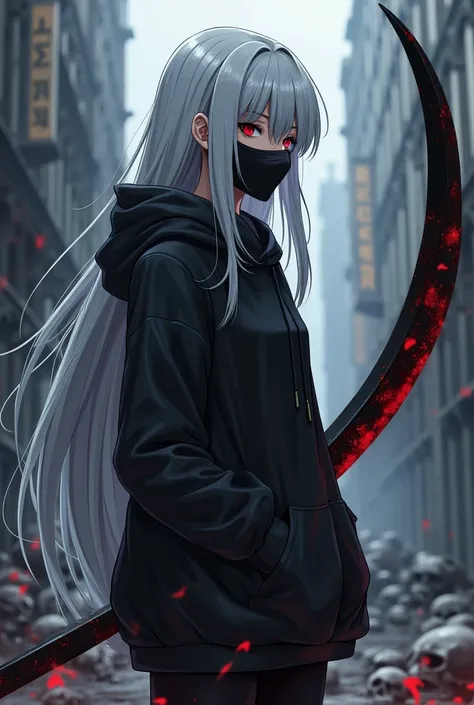  anime girl, a scythe user, long white hair, red emotionless eyes, no emotion, merciless, cold hearted, wears a black mask, wears a black hoodie, has her hood down, a pile of dead curses behind her, in an abandoned city