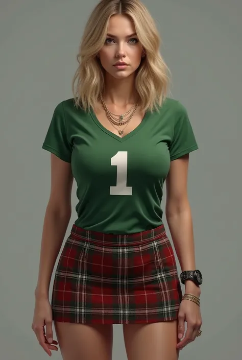 Andrea Harrison from The Walking Dead, blonde, big round breasts, wearing a green football t-shirt, with a plaid miniskirt that shows off her butt. cleavage, gray background.