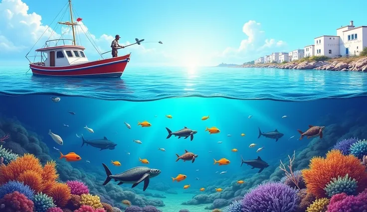 Easy to draw realistic painting showing a sea divided into two halves. Underwater a group of colorful fish swim near a coral reef. The fish, turtles, octopus and shark are of various colors, including yellow, orange, blue and purple. The coral reefs appear...