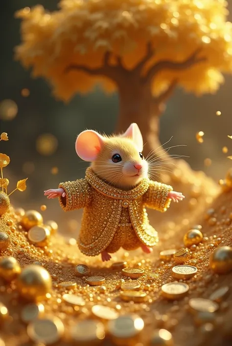 the golden mouse wearing a diamond robe runs and jumps around the pile of gold silver coins around . around the whole yellow gold tree gold leaf . GOLD INGOT. Bodhi leaves