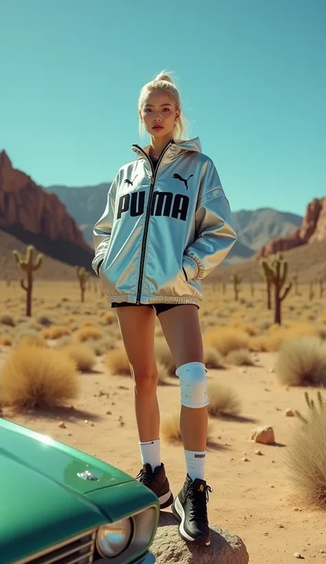 A stylish East Asian woman with a sharp, confident expression poses dynamically in a desert landscape, balancing on a rock with one leg slightly bent. She wears an oversized silver Puma windbreaker with black piping details. The Puma logo is prominently di...