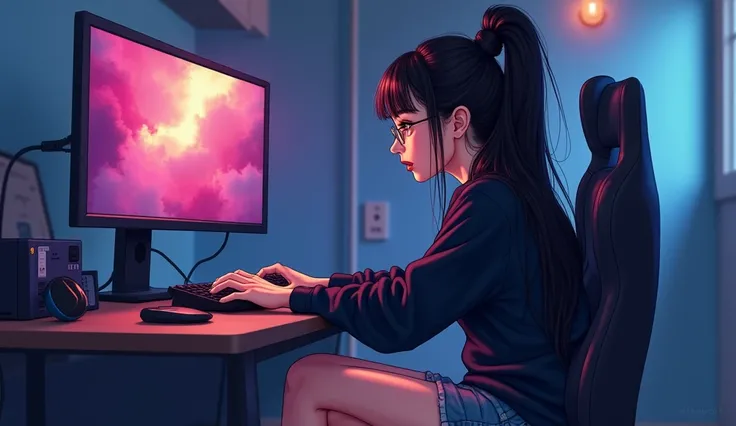 creates a beautiful woman, long black hair tied up, sitting for a computer game, with a black sweatshirt, and short jean shorts, white skin, wearing prescription glasses, competitive expression, cartoon style, in a small dream gamer room