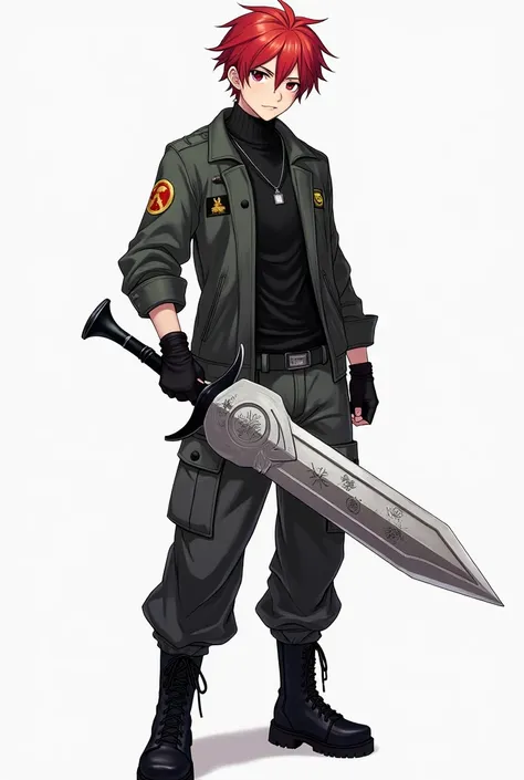 An anime style male with red short hair. He's wearing a black turtleneck, cargo pants, and combat boots. He's holding a futuristic gunblade in his hand, engraved with magical looking symbols. He is 19 years old. 