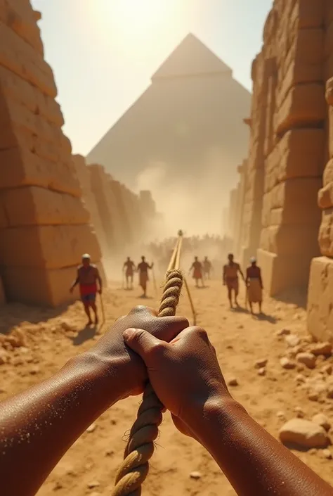 "POV of a worker building the pyramids, seeing in front of them colossal stone blocks being pulled by teams of men under the scorching desert sun. The person's hands are visible, gripping a wooden rope, with sand sticking to their skin and sweat dripping f...