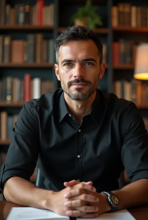 Create a 33-year-old Brazilian man with light beige skin color, With a black dress shirt, sitting at an office desk with shelves and books in the back 