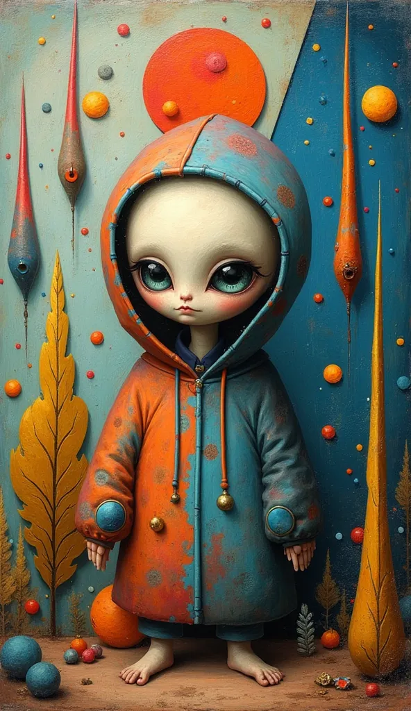 strybk, a oil paiting of a hooded Alien , in the style of Joan Miró, cute, fluffy, ren book cover design, Bryen Frost