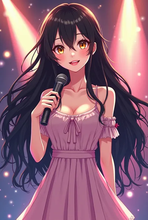 (Full body of a better masterpiece:1.5), a pale japanese girl with long wavy black hair in a hime cut, she has shiny golden eyes, she is very pretty and an idol, she is posing on stage with a bright smile, she has a mic on her face. (genarate in manwha/web...