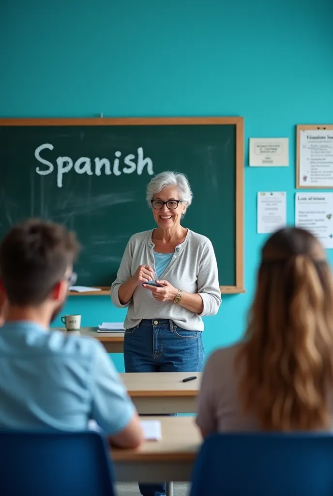 
} A teacher of approximately forty five years, with very short and gray hair, almost white,somewhat chubby wears single-frame black glasses. Smile warmly while taking a Spanish class for beginners. your students, with ages between 25 and 35 years old,  lo...