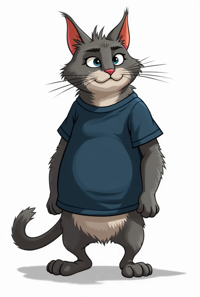 create cartoon of gray cat wearing dark blue t-shirt, strong appearance, with dirty paws , Looking to the right white background