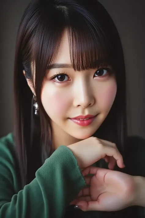 A photograph of a young asian woman with fair skin and long,straight dark hair,styled in a simple,elegant manner. She has a slender face with delicate features,including arched eyebrows,almond-shaped eyes,and a small nose. Her lips are slightly parted,and ...