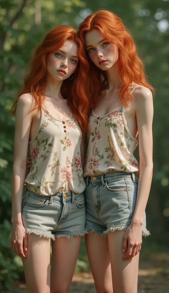 two barefoot    european girls, Mother and daughter,   flat chest,   european,     fair skin ,    freckles, redheads, anorexic    , floral print tank top, shorts, photorealistic