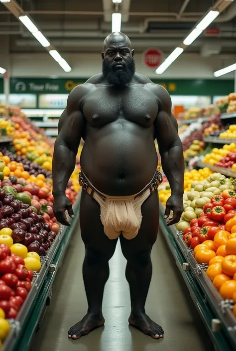 Black Man with cow udders on his chest In the supermarket's fruit section 
