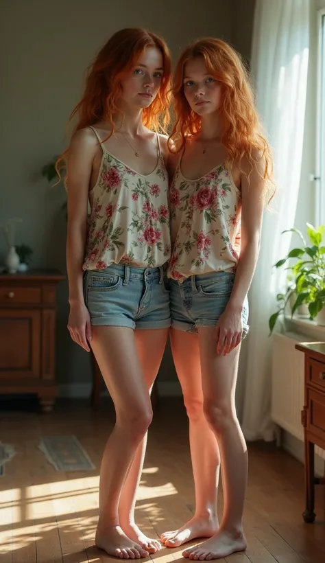 two barefoot    european girls, Mother and daughter,   flat chest,   european,     fair skin ,    freckles, redheads, anorexic    , floral print tank top, shorts, photorealistic, bare feet, in the house