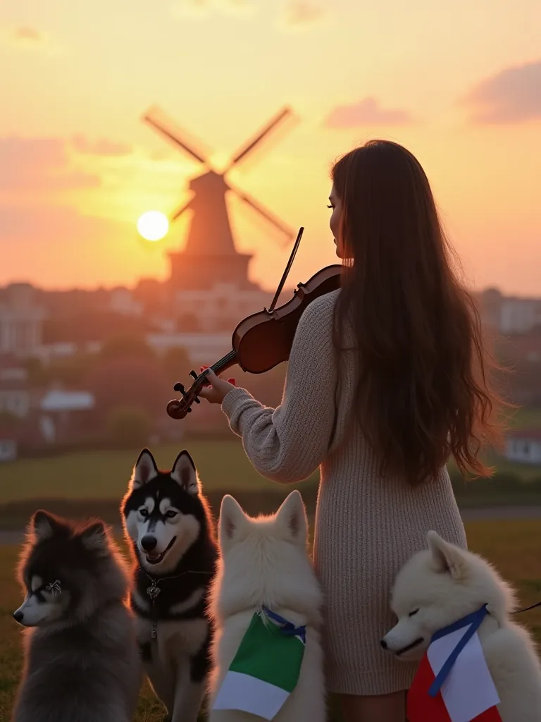 A woman with long brown hair, her skin is white, who is looking at the landscape being the city of Holland and a nearby, large plane, that she has a violin, that the background is sunset and that there are three Huskies with the big flags of Korea, Italy a...