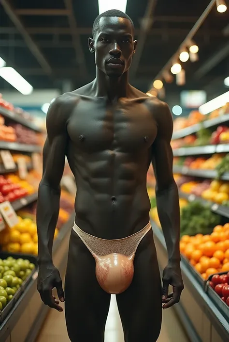 Black Man without  male genitals, that has cow udders on his chest standing In a supermarket's fruit section 