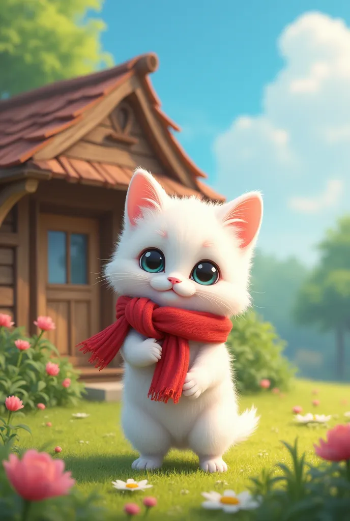 A small white kitten with a red scarf stands in front of a cozy wooden house at the edge of the forest. The sky is bright blue, birds are chirping, and the grass is lush and green.
