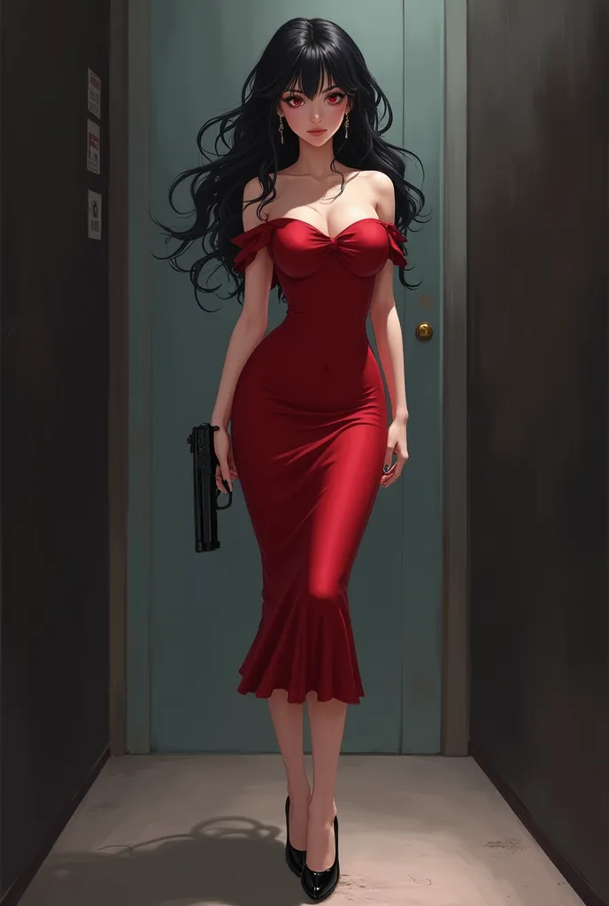 Curly black-haired anime girl, skinny and curvy,wearing a red dress and black heels a small gun in her hand, and a size 1.60 with a deep and sexy look 